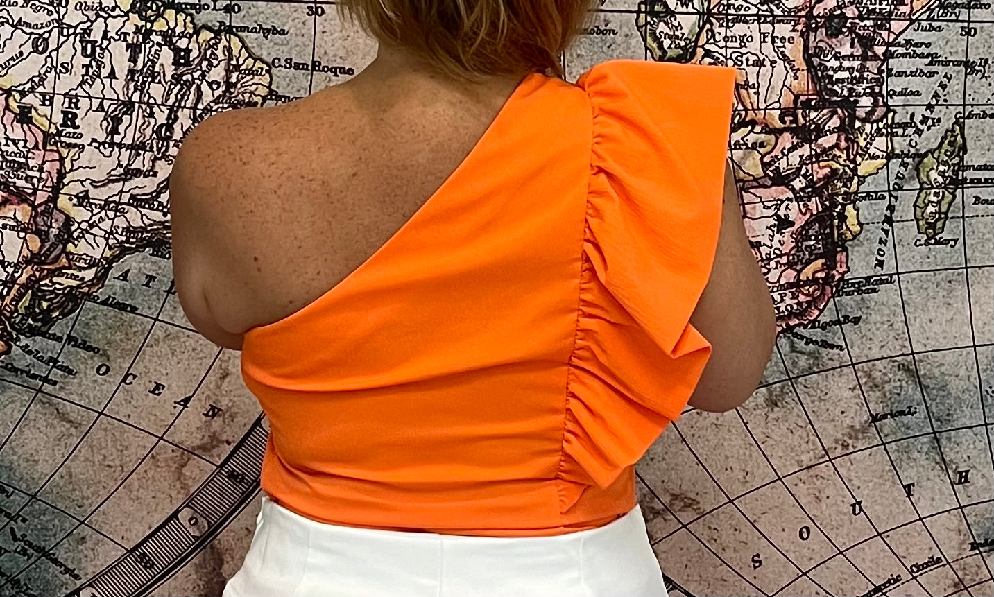 Orange One Shoulder Ruffle Top