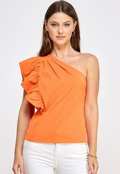 Orange One Shoulder Ruffle Top