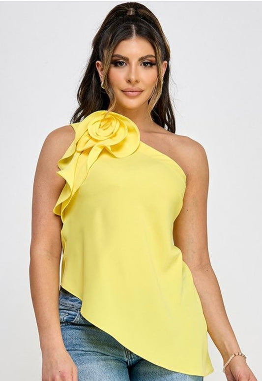 Yellow One Shoulder Floral Top with Corsage