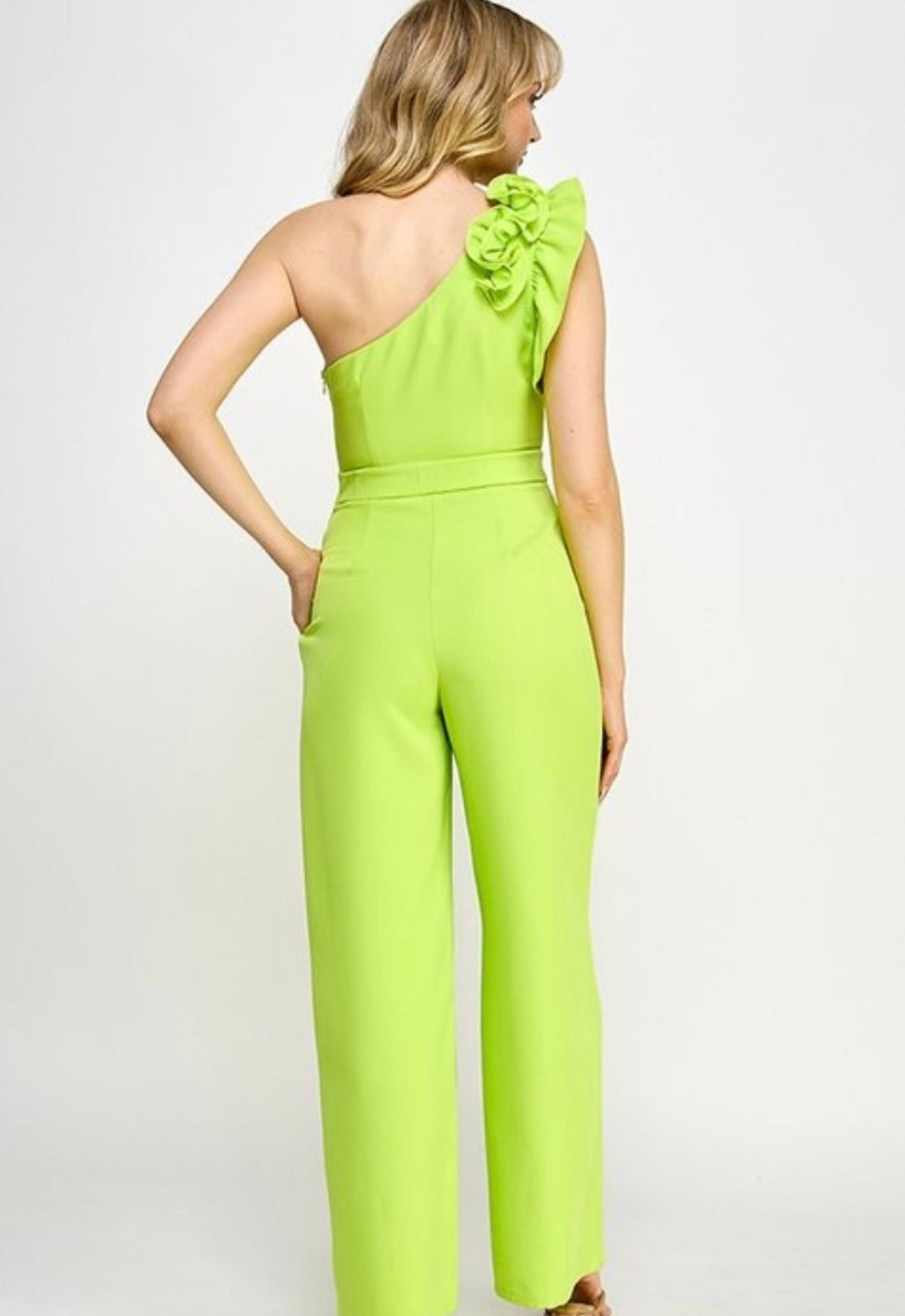 Lime One Shoulder Jumpsuit with Flower