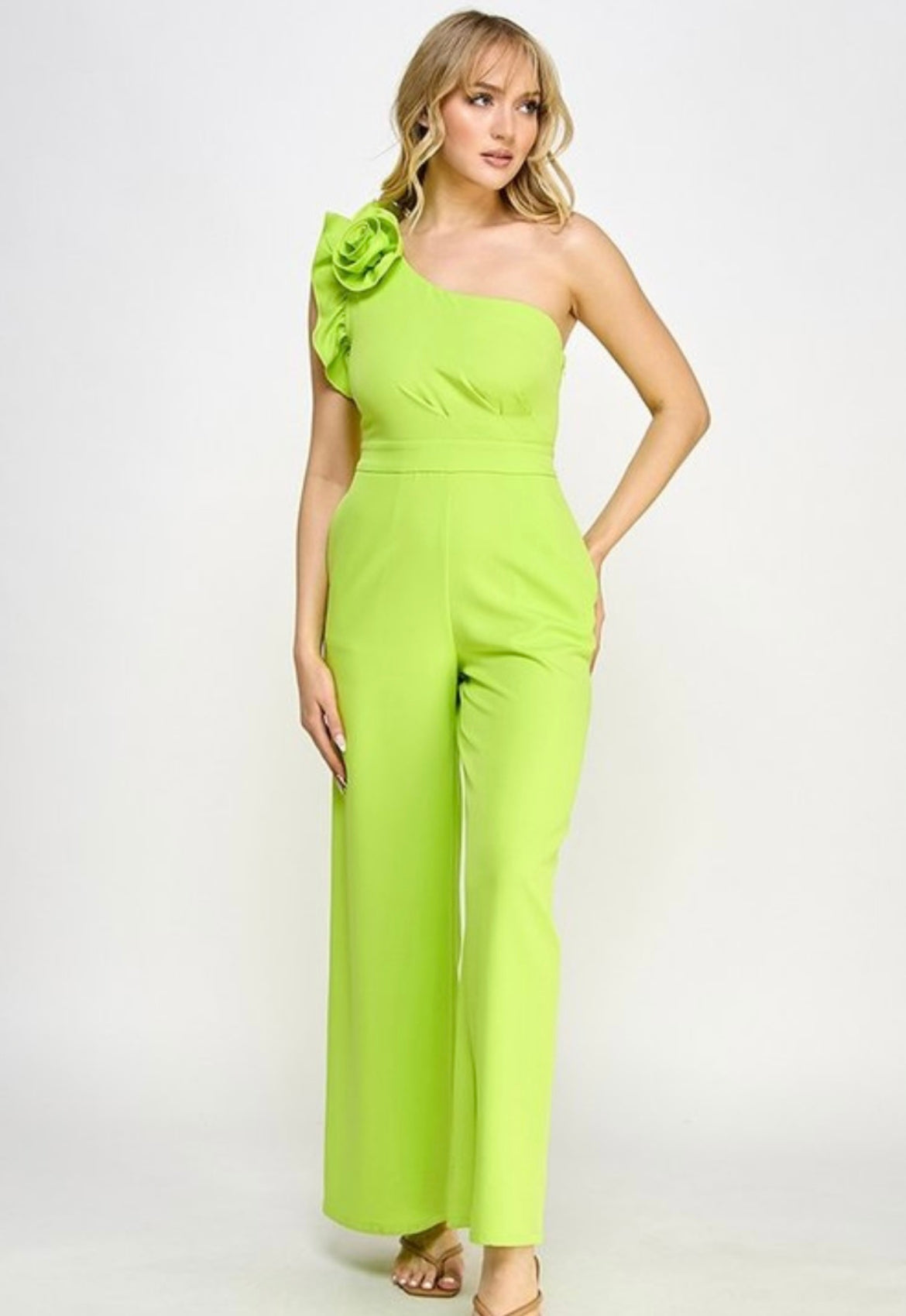 Lime One Shoulder Jumpsuit with Flower