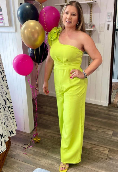 Lime One Shoulder Jumpsuit with Flower