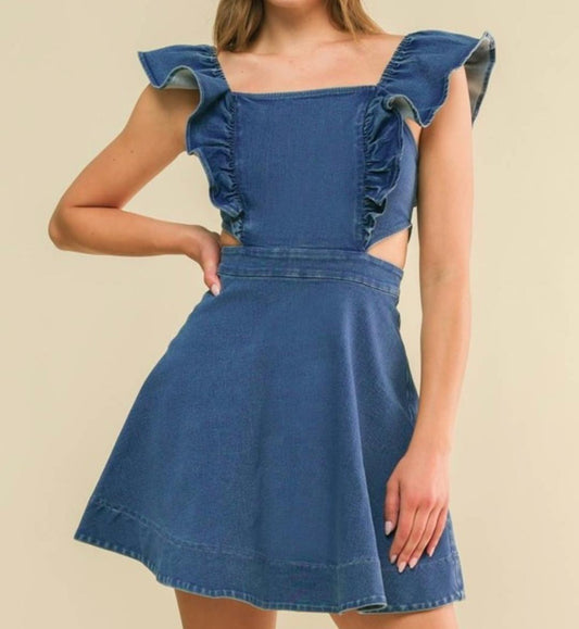 Washed Denim Mini Dress Square Neckline