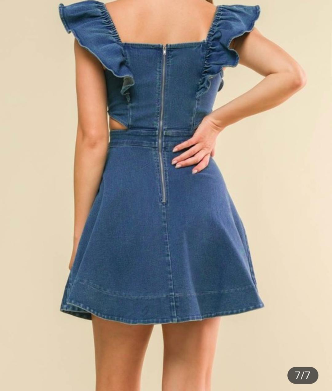 Washed Denim Mini Dress Square Neckline